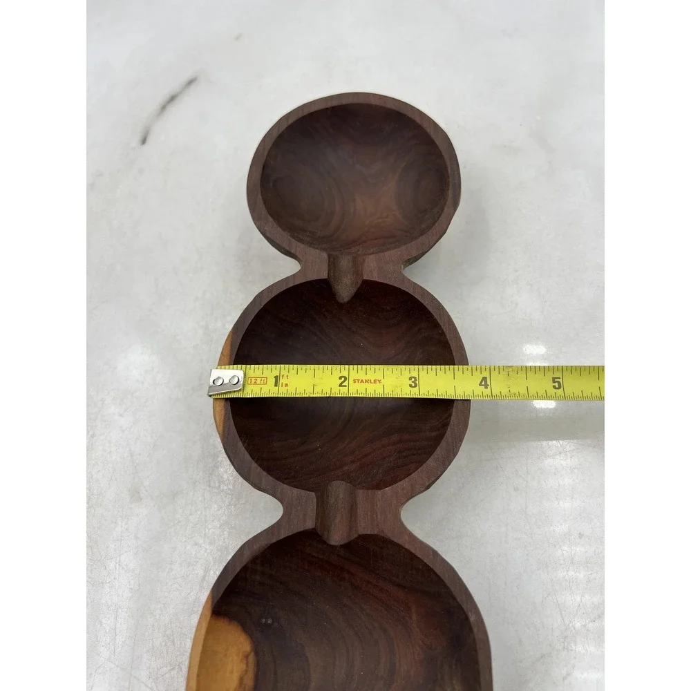 VTG Wooden Serving Tray Nut Dish Hand Carved 3 Section Live Edge Dark Wood
